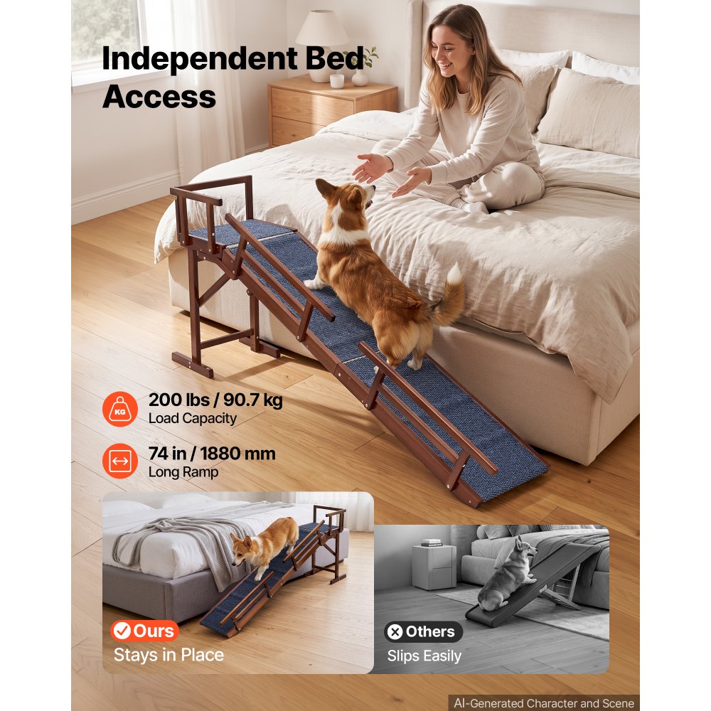 VEVOR Dog Ramp for Bed Couch 74" Long Wooden Pet Ramp with 22° Gentle Slope, for Small & Senior Dogs to Get on Sofa, Up to 200 lbs Load, Designed with Side Rails, Non-Slip Felt Surface & Top Platform