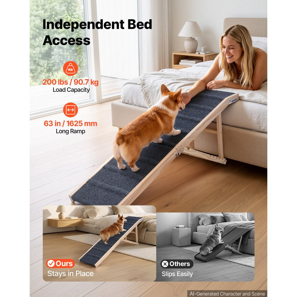 VEVOR Dog Ramp for Bed 23.2"-28.3" 6 Adjustable Height Foldable Pet Ramp, for Small & Senior Dogs to Get on Couch Sofa, 63" Long, 200 lbs, Portable Wooden with Non-Slip Surface, Top Platform & Handle