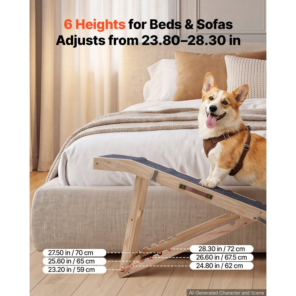 VEVOR Dog Ramp for Bed 23.2"-28.3" 6 Adjustable Height Foldable Pet Ramp, for Small & Senior Dogs to Get on Couch Sofa, 63" Long, 200 lbs, Portable Wooden with Non-Slip Surface, Top Platform & Handle