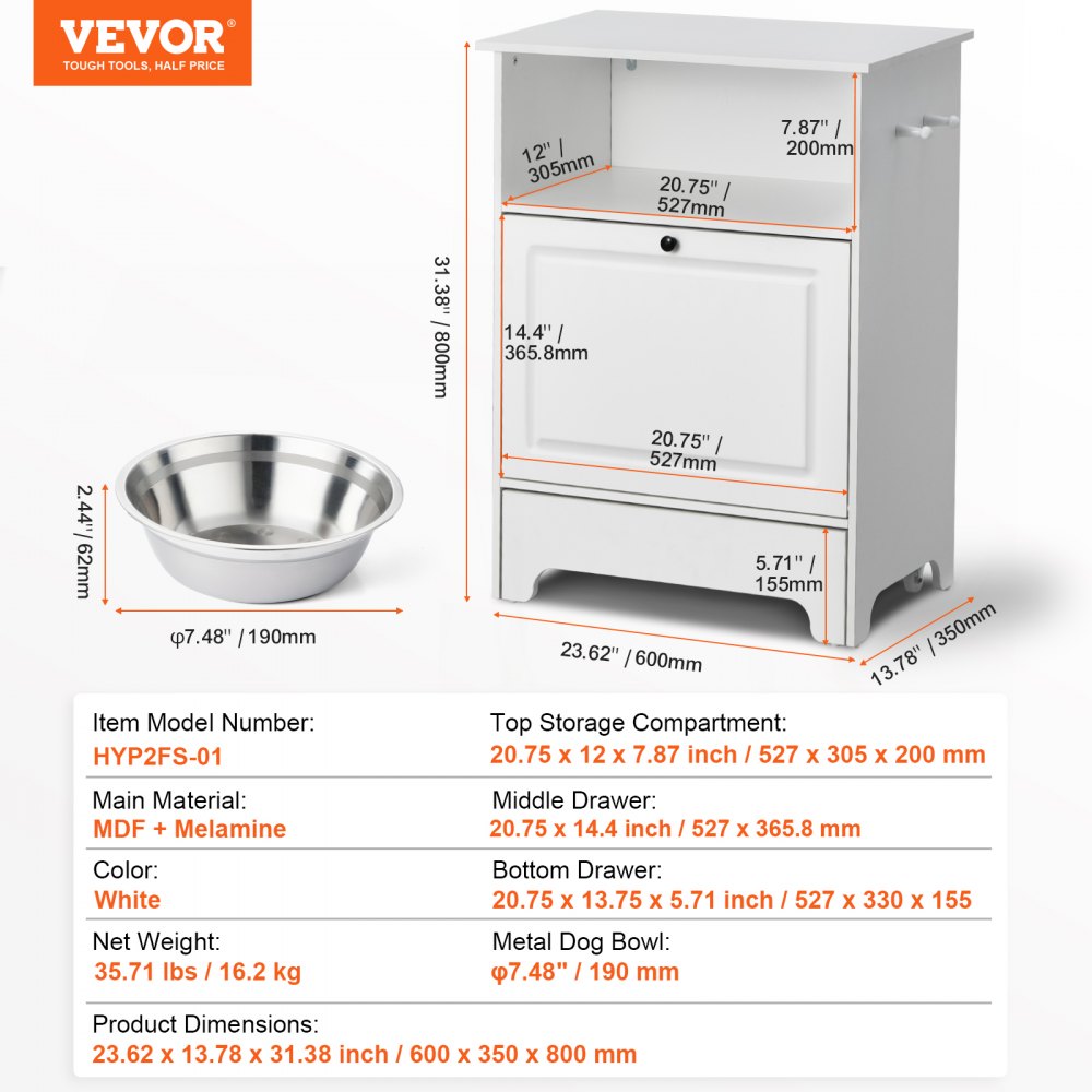 VEVOR Pet Feeding Station with 2 Stainless Steel Bowls, Elevated Dog Bowls with Storage, Dog Food Storage and Feeder Station with Tilt Out Storage Cabinet, Pet Toy Storage Organizer, for Small Dogs
