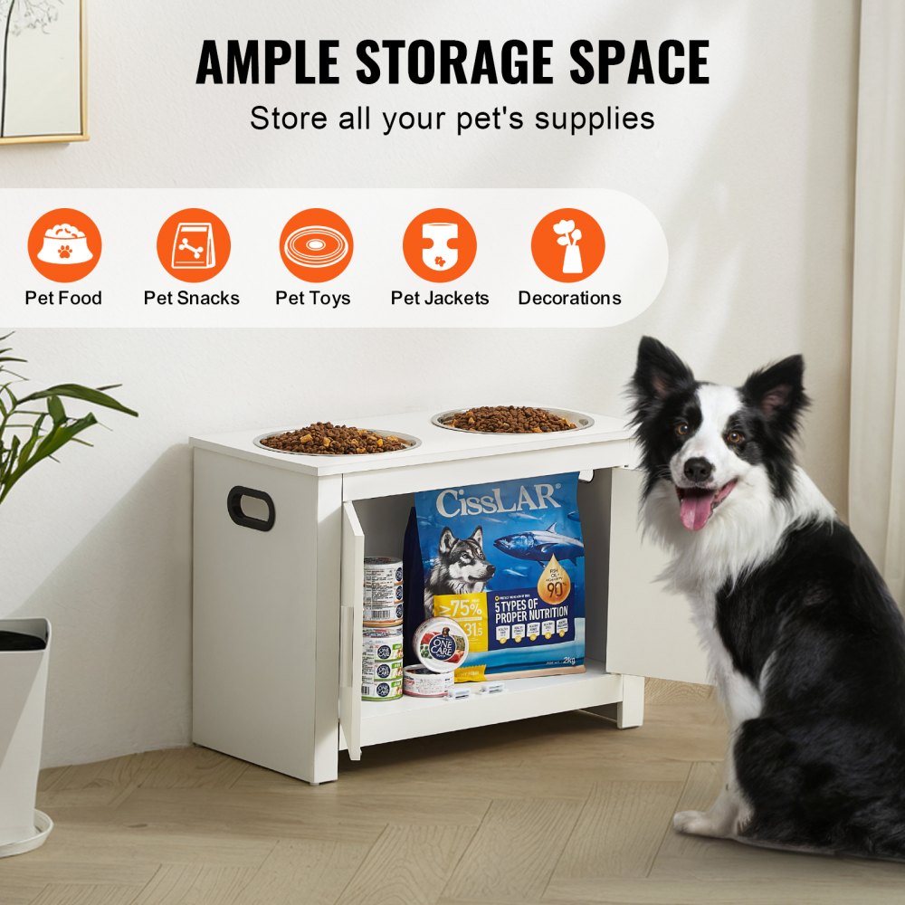VEVOR Pet Feeding Station with 2 Stainless Steel Bowls, Elevated Dog Bowls with Storage, Dog Food Storage and Feeder Station with Storage Cabinet, Pet Toy Storage Organizer, for Dogs, Modern