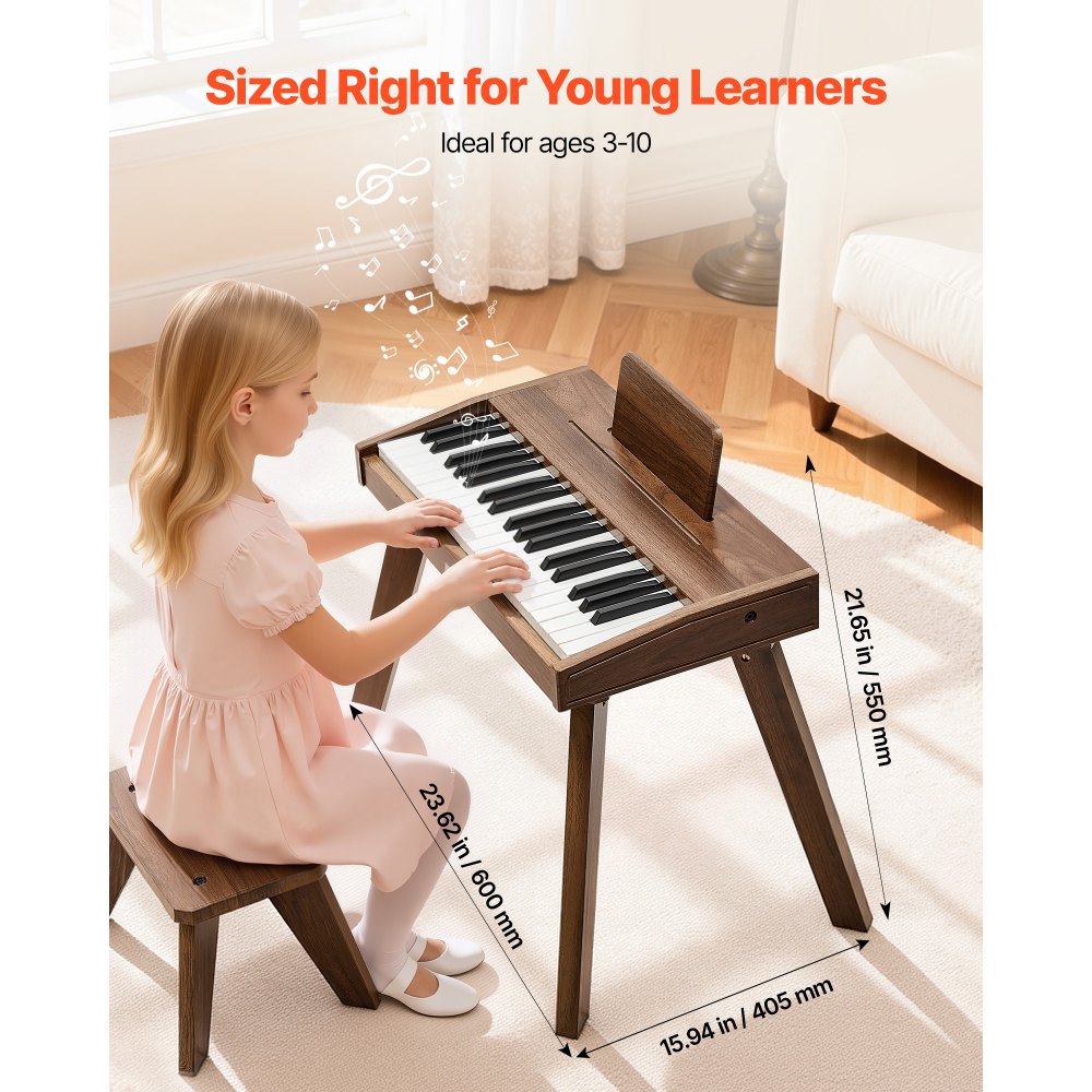 VEVOR Kids Piano Keyboard, 37 Key Wooden Digital Piano for Kids, Mini Music Educational Instrument Toy Set with Realistic Sound, Dual Power, Adjustable Volume for Toddlers, Boys Girls Learning,Walnut