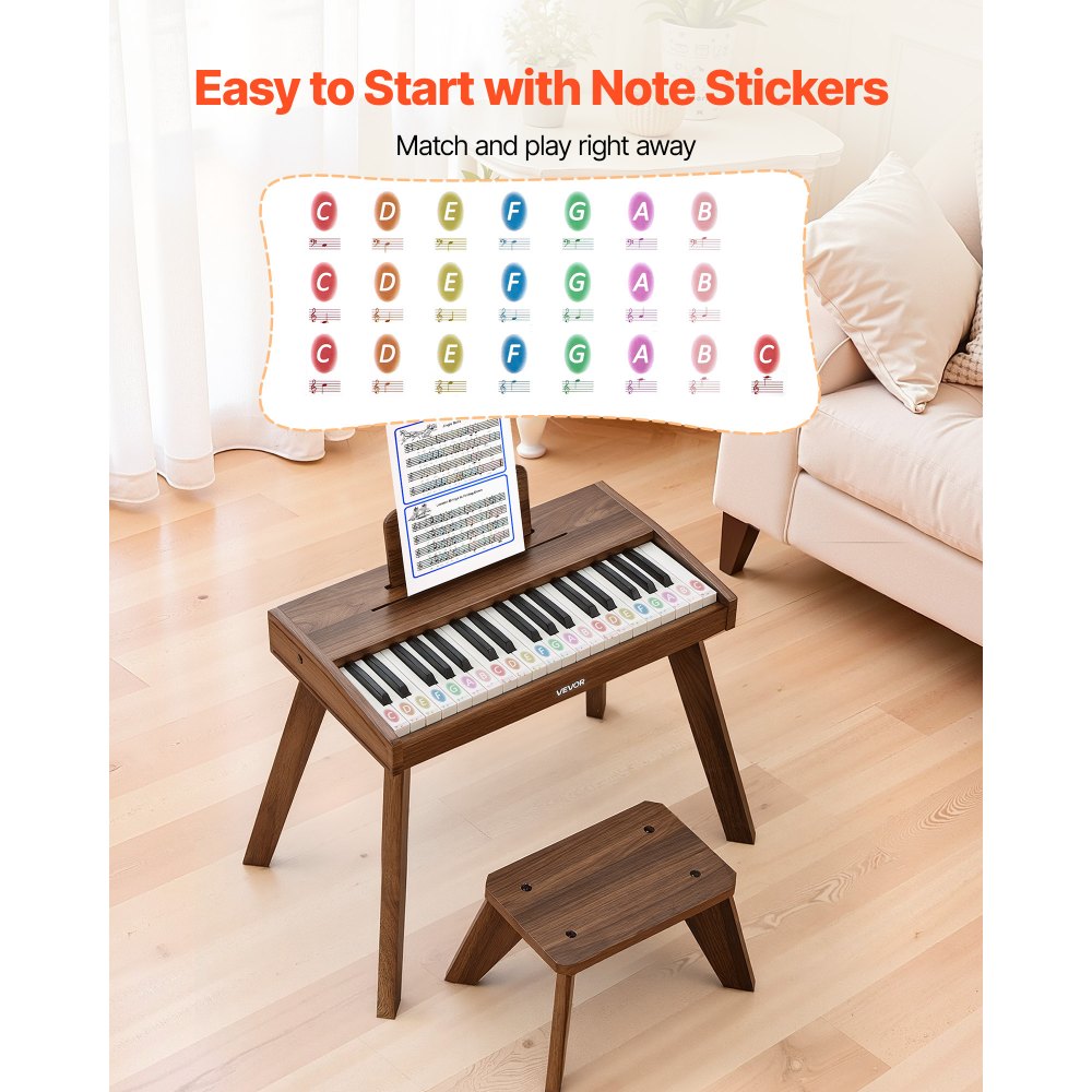 VEVOR Kids Piano Keyboard, 37 Key Wooden Digital Piano for Kids, Mini Music Educational Instrument Toy Set with Realistic Sound, Dual Power, Adjustable Volume for Toddlers, Boys Girls Learning,Walnut