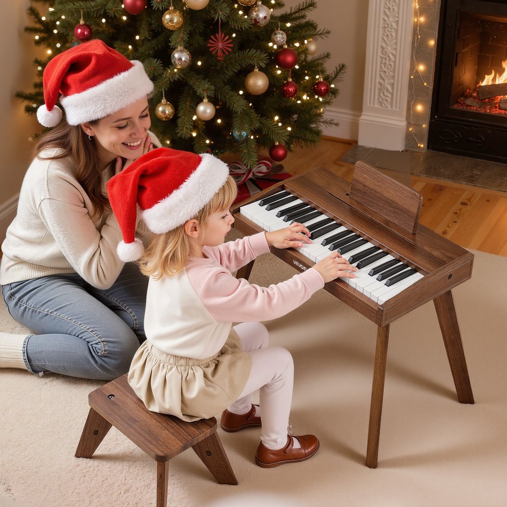 VEVOR Kids Piano Keyboard, 37 Key Wooden Digital Piano for Kids, Mini Music Educational Instrument Toy Set with Realistic Sound, Dual Power, Adjustable Volume for Toddlers, Boys Girls Learning,Walnut