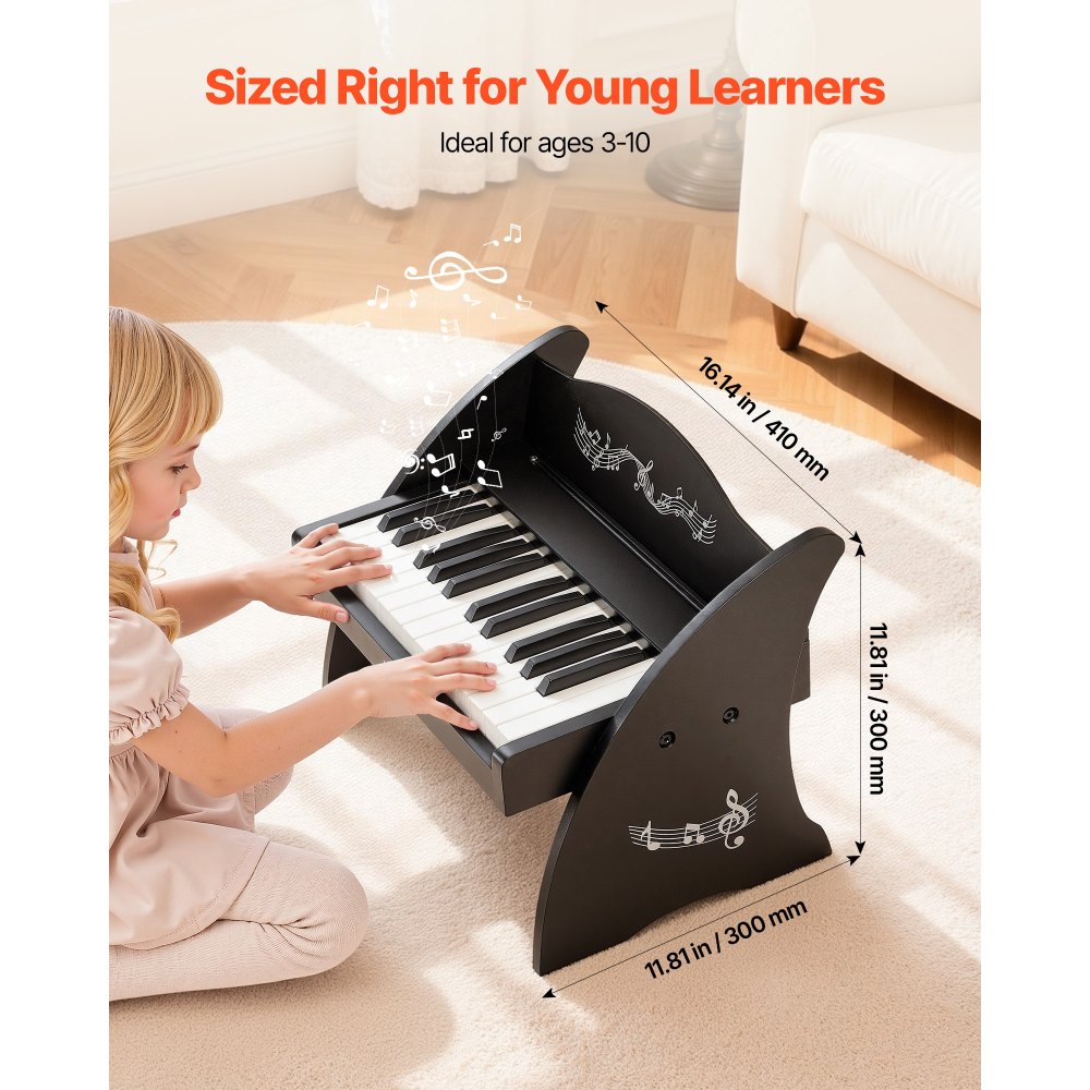 VEVOR Kids Piano Keyboard, 25 Keys Wooden Digital Piano for Kids, Mini Music Educational Instrument Toy with Realistic Sound, Dual Power, Adjustable Volume for Toddlers, Boys Girls Learning, Black