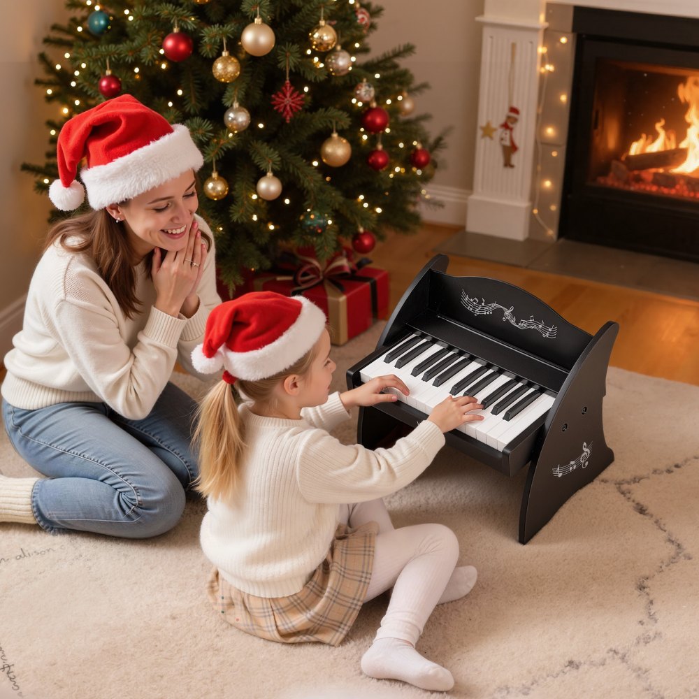 VEVOR Kids Piano Keyboard, 25 Keys Wooden Digital Piano for Kids, Mini Music Educational Instrument Toy with Realistic Sound, Dual Power, Adjustable Volume for Toddlers, Boys Girls Learning, Black