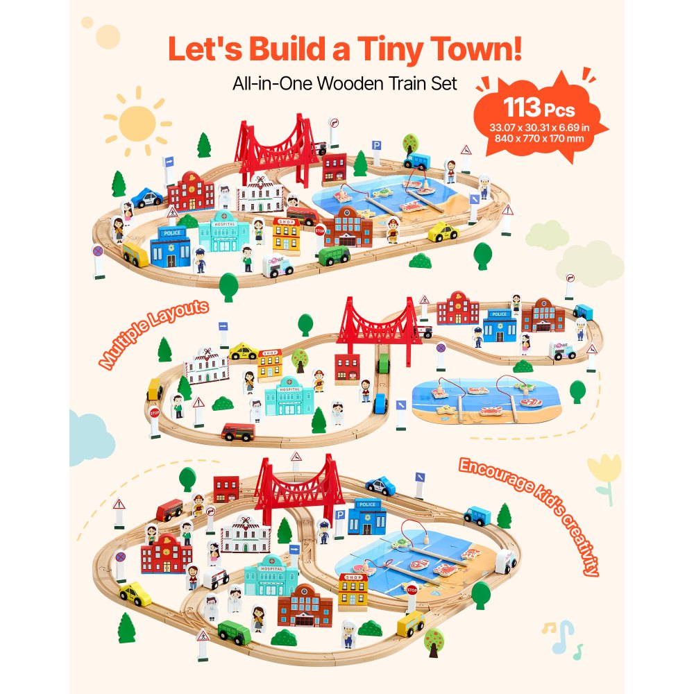 VEVOR 113PCS Wooden Train Set, for Kids Ages 3-8, Wood Train Track Toy with Storage Box, City Scene Railway Playset, Compatible with Major Brands, Christmas Birthday Toy for Toddlers Boys and Girls
