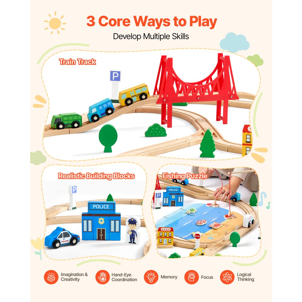 VEVOR 113PCS Wooden Train Set, for Kids Ages 3-8, Wood Train Track Toy with Storage Box, City Scene Railway Playset, Compatible with Major Brands, Christmas Birthday Toy for Toddlers Boys and Girls