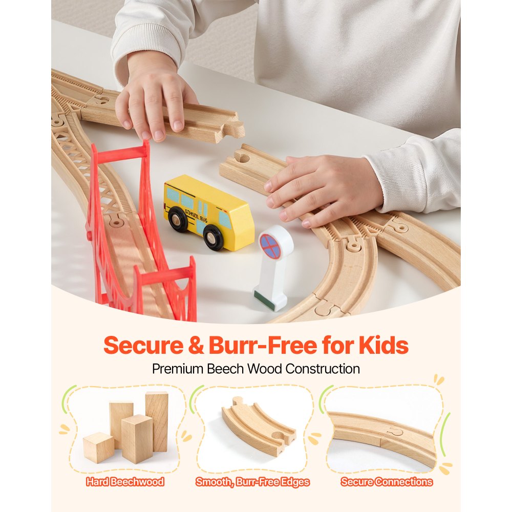 VEVOR 113PCS Wooden Train Set, for Kids Ages 3-8, Wood Train Track Toy with Storage Box, City Scene Railway Playset, Compatible with Major Brands, Christmas Birthday Toy for Toddlers Boys and Girls