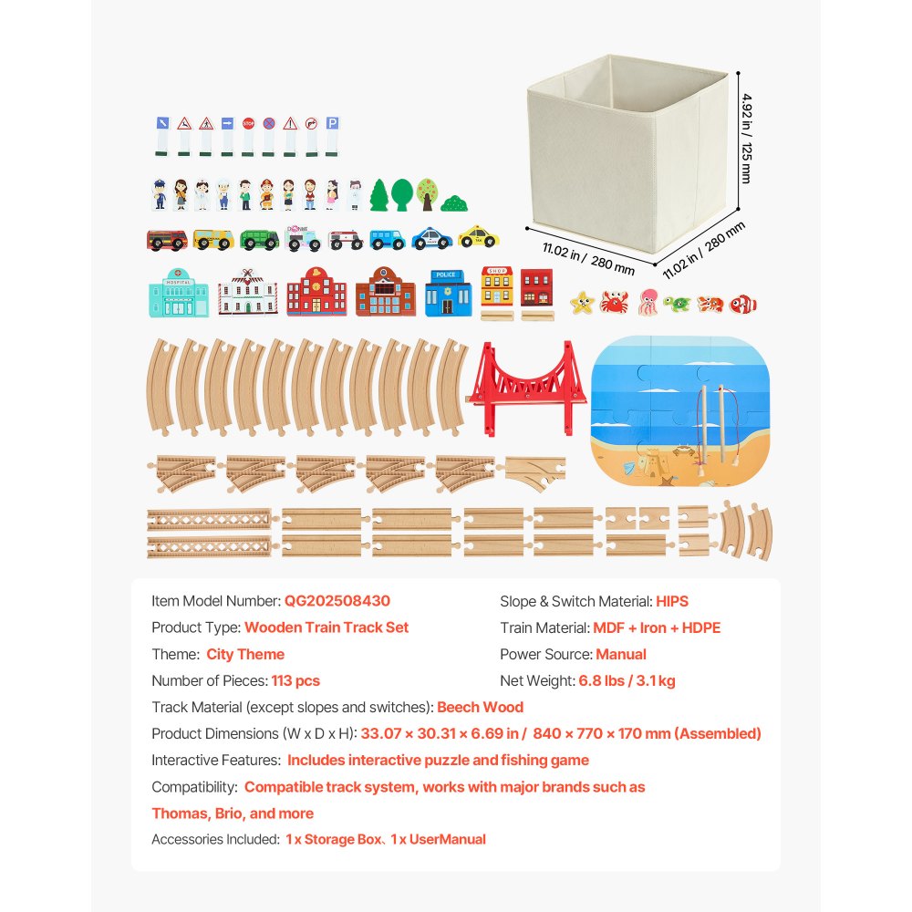 VEVOR 113PCS Wooden Train Set, for Kids Ages 3-8, Wood Train Track Toy with Storage Box, City Scene Railway Playset, Compatible with Major Brands, Christmas Birthday Toy for Toddlers Boys and Girls