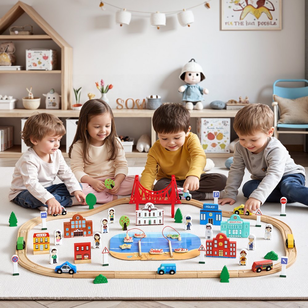 VEVOR 113PCS Wooden Train Set, for Kids Ages 3-8, Wood Train Track Toy with Storage Box, City Scene Railway Playset, Compatible with Major Brands, Christmas Birthday Toy for Toddlers Boys and Girls