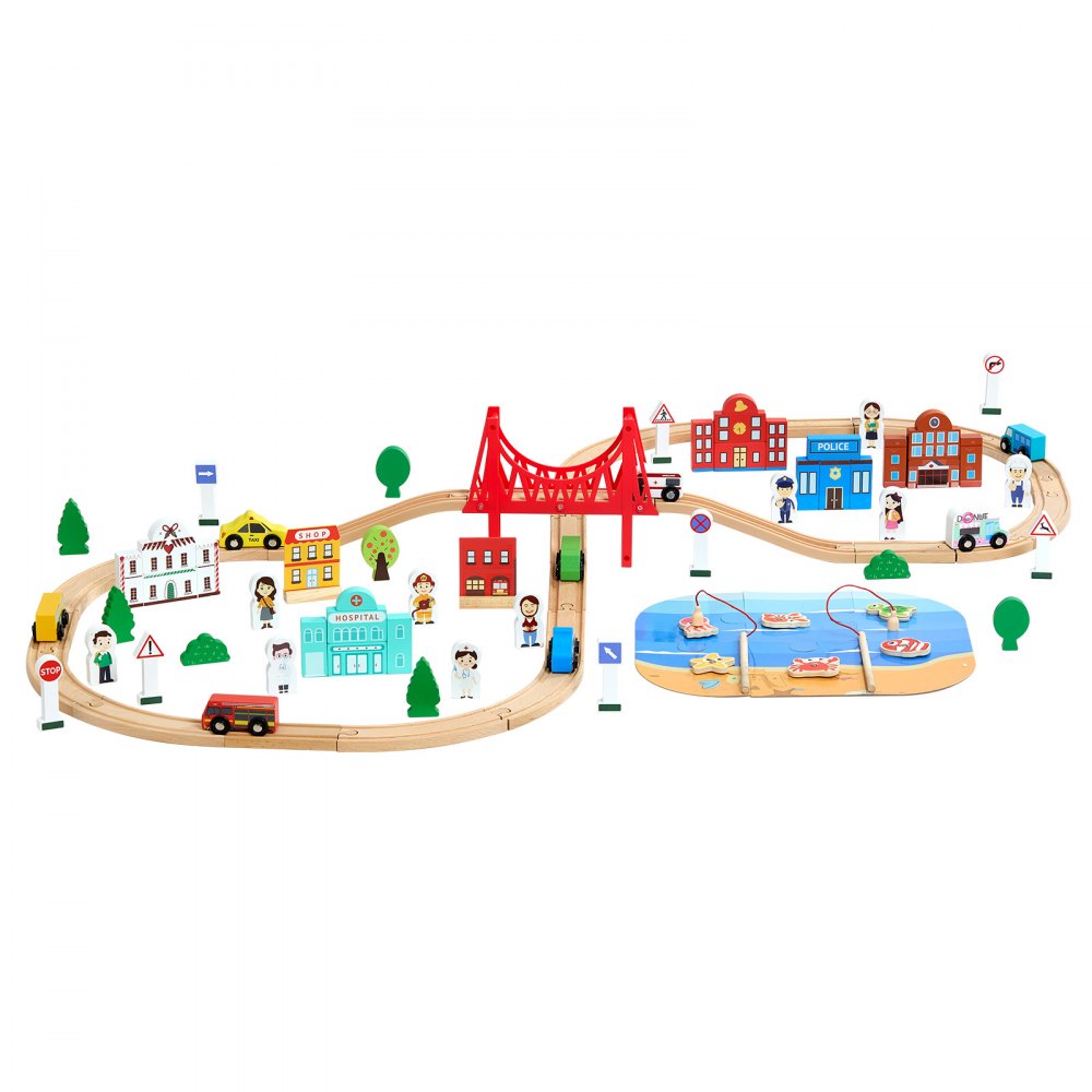 VEVOR 113PCS Wooden Train Set, for Kids Ages 3-8, Wood Train Track Toy with Storage Box, City Scene Railway Playset, Compatible with Major Brands, Christmas Birthday Toy for Toddlers Boys and Girls