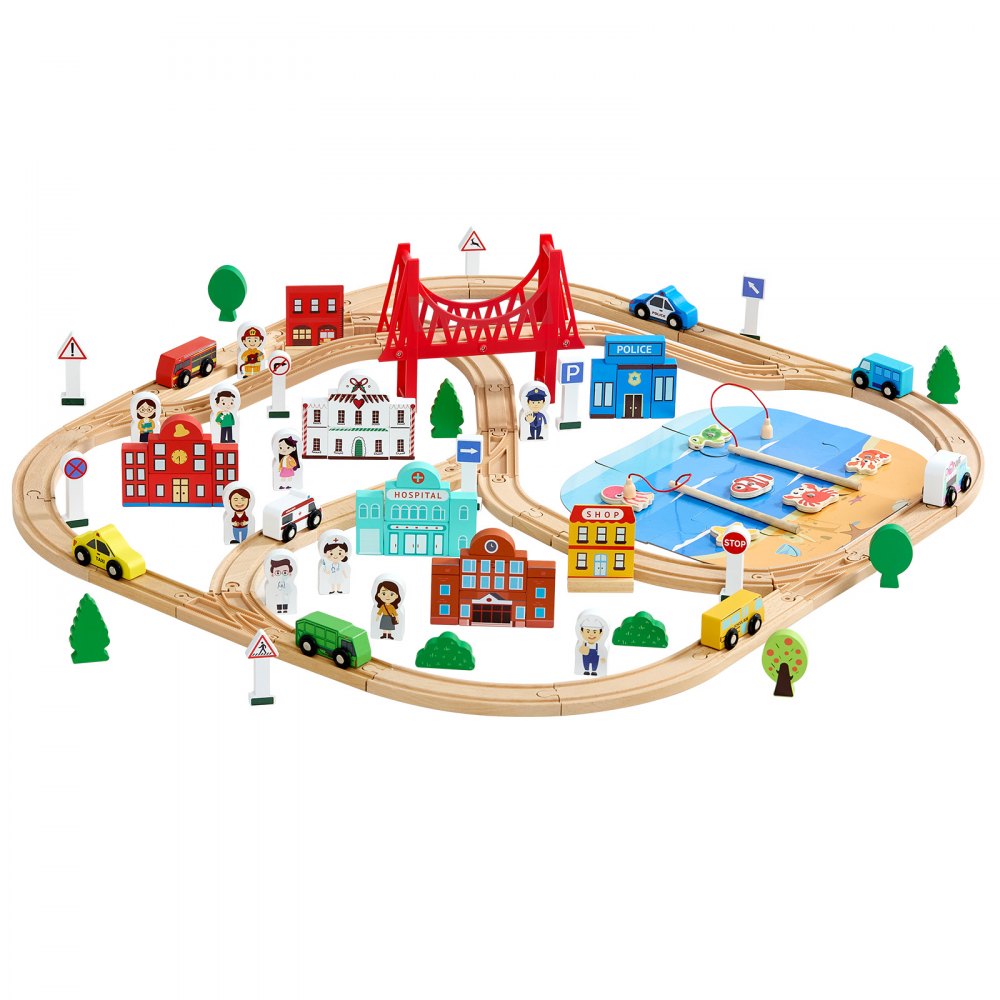 VEVOR 113PCS Wooden Train Set, for Kids Ages 3-8, Wood Train Track Toy with Storage Box, City Scene Railway Playset, Compatible with Major Brands, Christmas Birthday Toy for Toddlers Boys and Girls