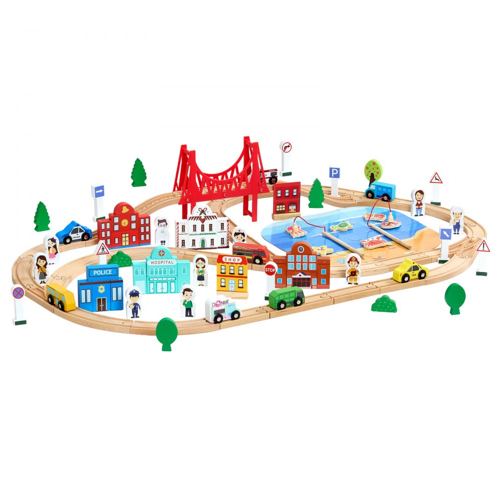 VEVOR 113PCS Wooden Train Set, for Kids Ages 3-8, Wood Train Track Toy with Storage Box, City Scene Railway Playset, Compatible with Major Brands, Christmas Birthday Toy for Toddlers Boys and Girls