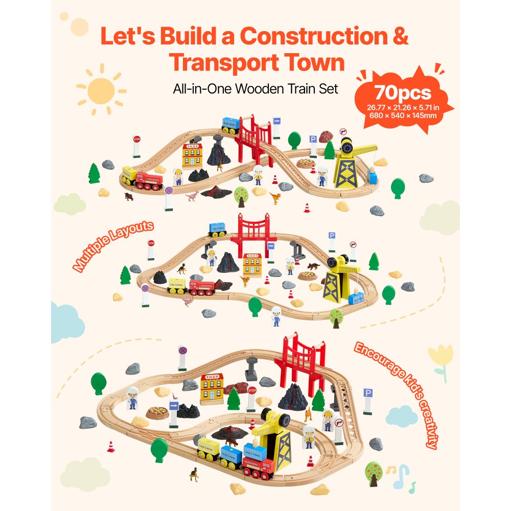 VEVOR 70PCS Wooden Train Set, with Magnetic Crane, Wood Train Track Toy for Kids Ages 3-8, Construction Crane Railway Set, Compatible with Major Brands, Christmas Birthday Toy for Toddlers Boys Girls