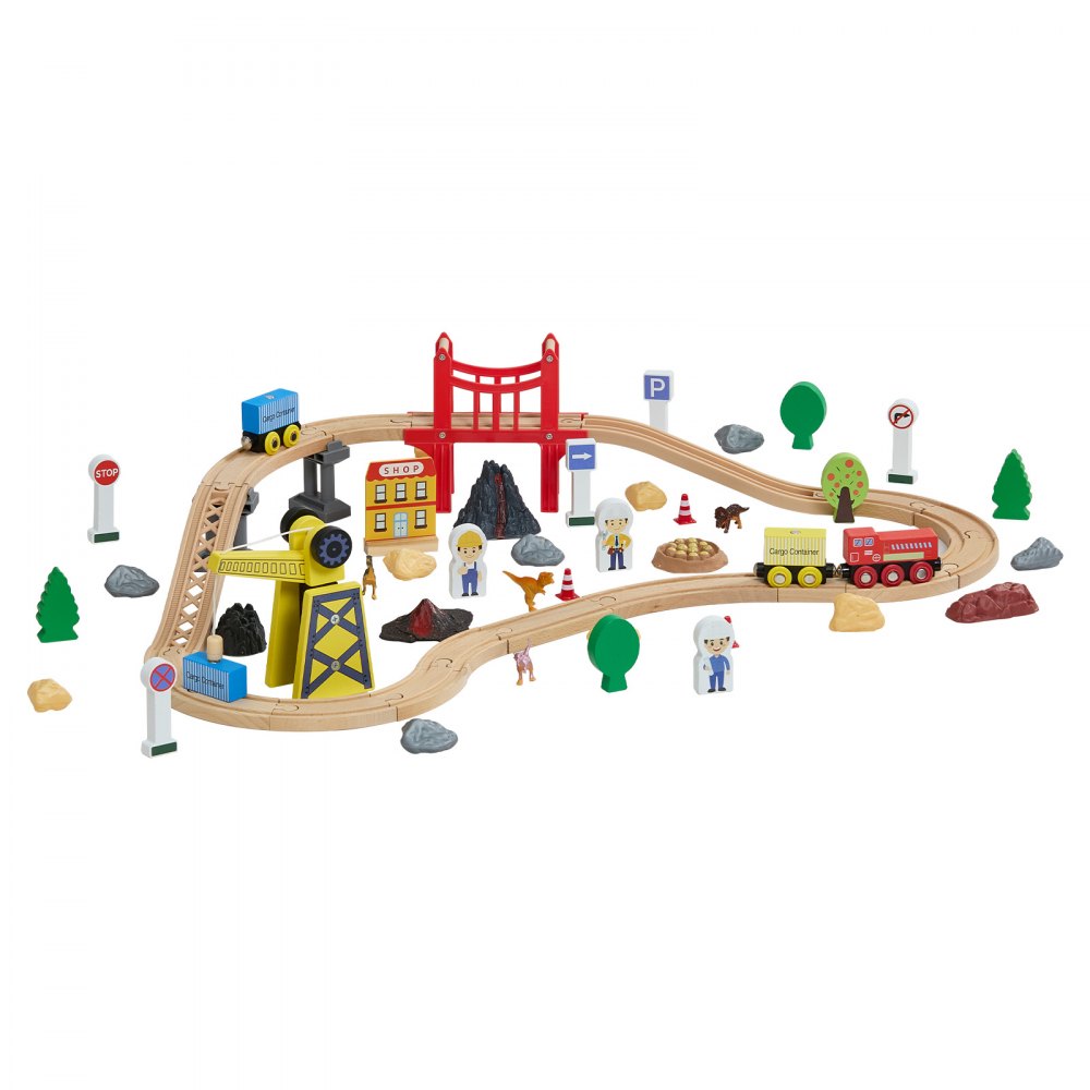 VEVOR 70PCS Wooden Train Set, with Magnetic Crane, Wood Train Track Toy for Kids Ages 3-8, Construction Crane Railway Set, Compatible with Major Brands, Christmas Birthday Toy for Toddlers Boys Girls