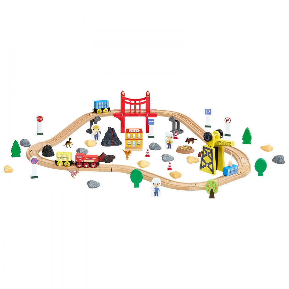 VEVOR 70PCS Wooden Train Set, with Magnetic Crane, Wood Train Track Toy for Kids Ages 3-8, Construction Crane Railway Set, Compatible with Major Brands, Christmas Birthday Toy for Toddlers Boys Girls