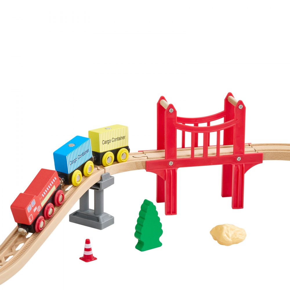 VEVOR 70PCS Wooden Train Set, with Magnetic Crane, Wood Train Track Toy for Kids Ages 3-8, Construction Crane Railway Set, Compatible with Major Brands, Christmas Birthday Toy for Toddlers Boys Girls