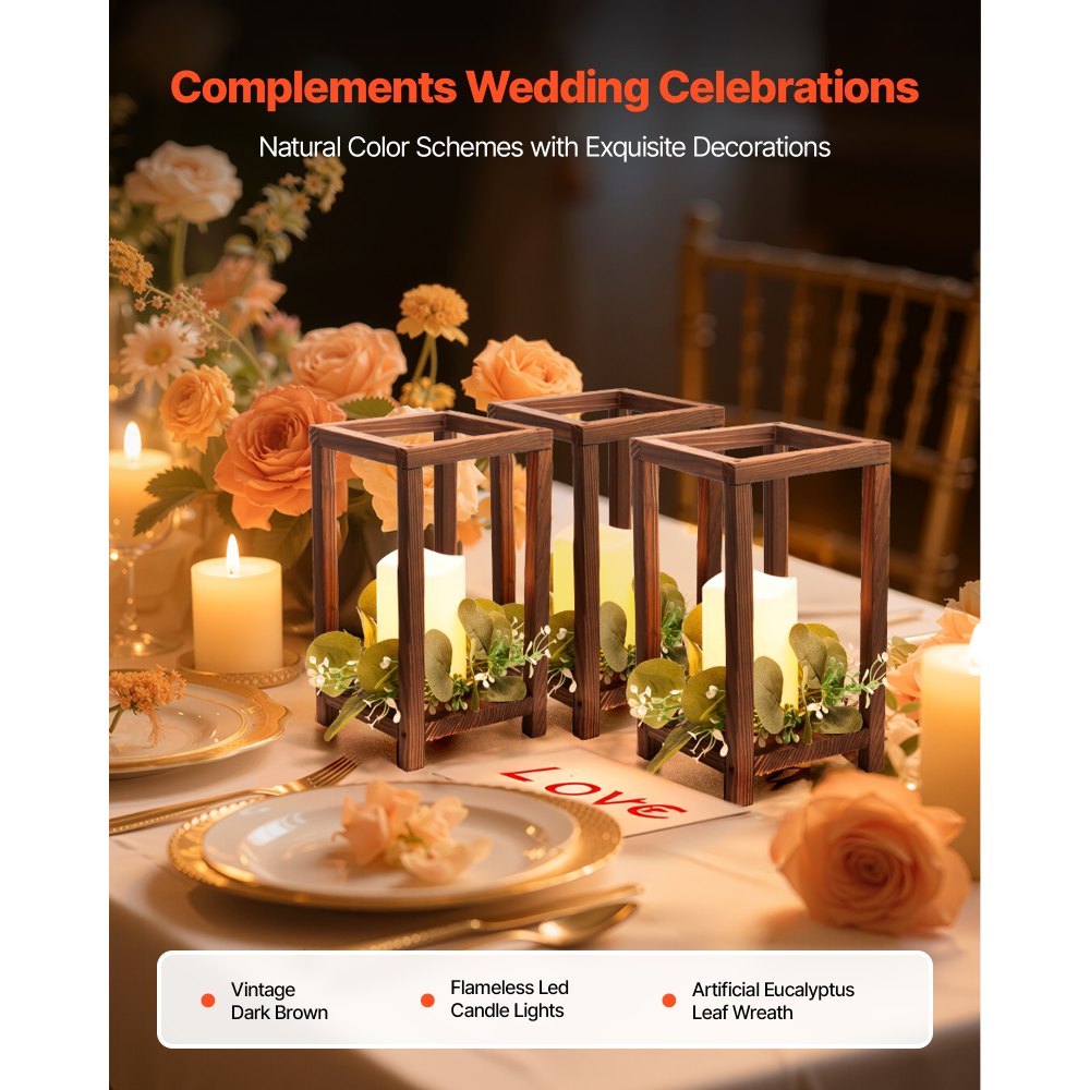VEVOR 12 Set/36 Pcs Wooden Wedding Lantern Centerpiece, Includes 12 Wooden Lantern Candle Holder 12 Flameless LED Candle 12 Eucalyptus Leaves Wreath for Wedding Table Party Farmhouse Decor, Brown