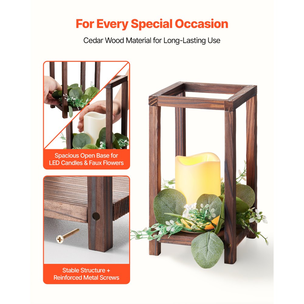 VEVOR 12 Set/36 Pcs Wooden Wedding Lantern Centerpiece, Includes 12 Wooden Lantern Candle Holder 12 Flameless LED Candle 12 Eucalyptus Leaves Wreath for Wedding Table Party Farmhouse Decor, Brown