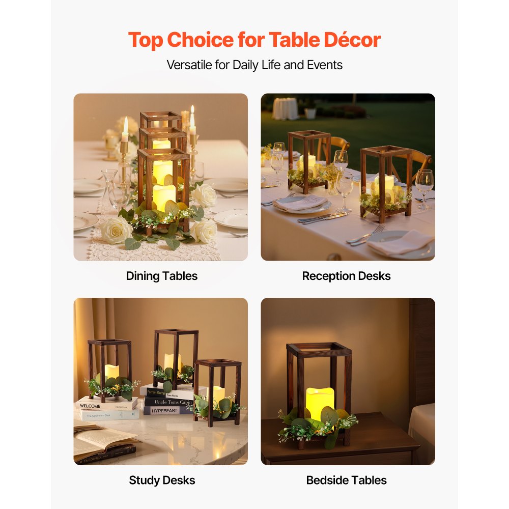 VEVOR 12 Set/36 Pcs Wooden Wedding Lantern Centerpiece, Includes 12 Wooden Lantern Candle Holder 12 Flameless LED Candle 12 Eucalyptus Leaves Wreath for Wedding Table Party Farmhouse Decor, Brown