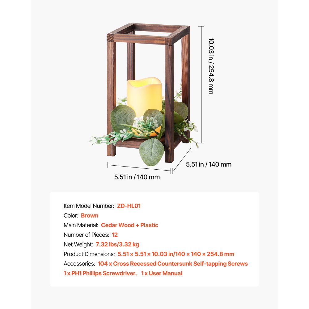VEVOR 12 Set/36 Pcs Wooden Wedding Lantern Centerpiece, Includes 12 Wooden Lantern Candle Holder 12 Flameless LED Candle 12 Eucalyptus Leaves Wreath for Wedding Table Party Farmhouse Decor, Brown