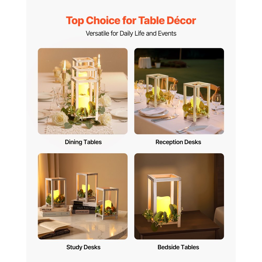 VEVOR 12 Set/36 Pcs Wooden Wedding Lantern Centerpiece, Includes 12 Wooden Lantern Candle Holder 12 Flameless LED Candle 12 Eucalyptus Leaves Wreath for Wedding Table Party Farmhouse Decor, White