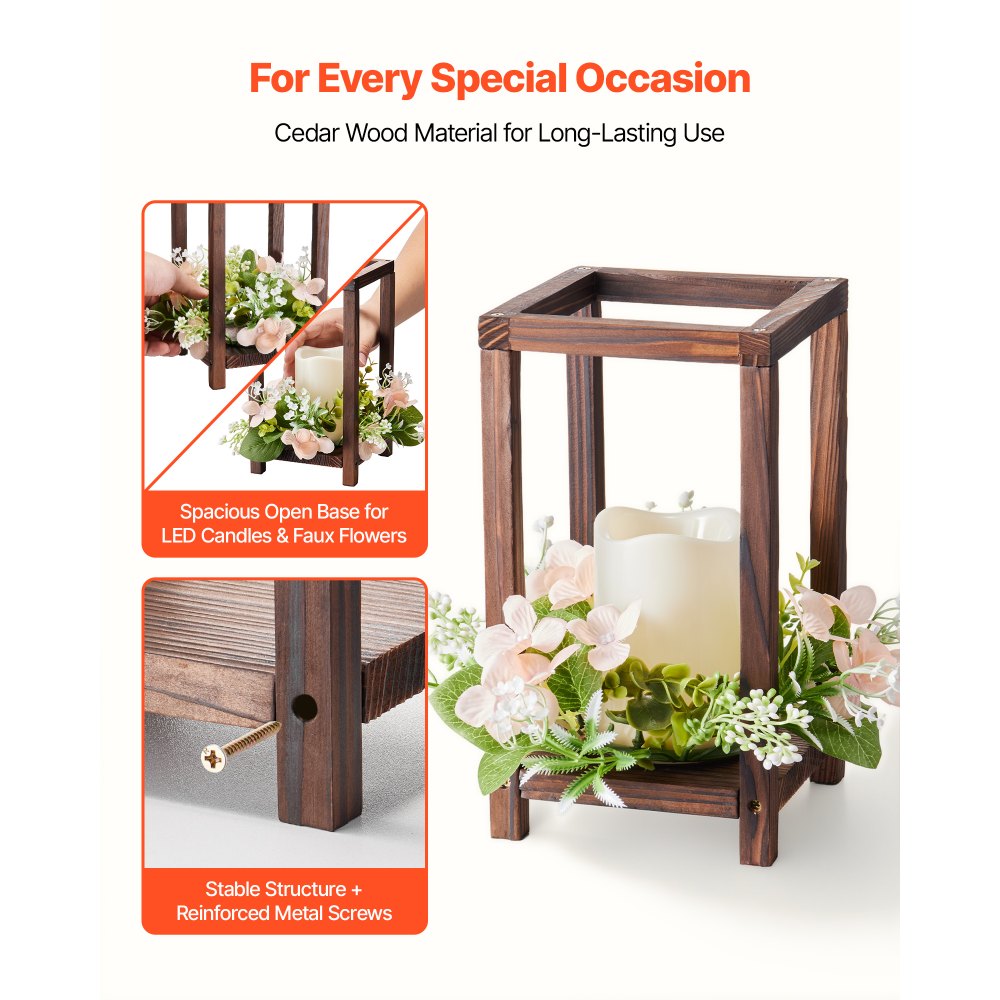 VEVOR 20 Set/60 Pcs Wooden Wedding Lantern Centerpiece, Includes 20 Wooden Lantern Candle Holder 20 Flameless LED Candle 20 Champagne Flower Wreath for Wedding Table Party Farmhouse Decor, Brown