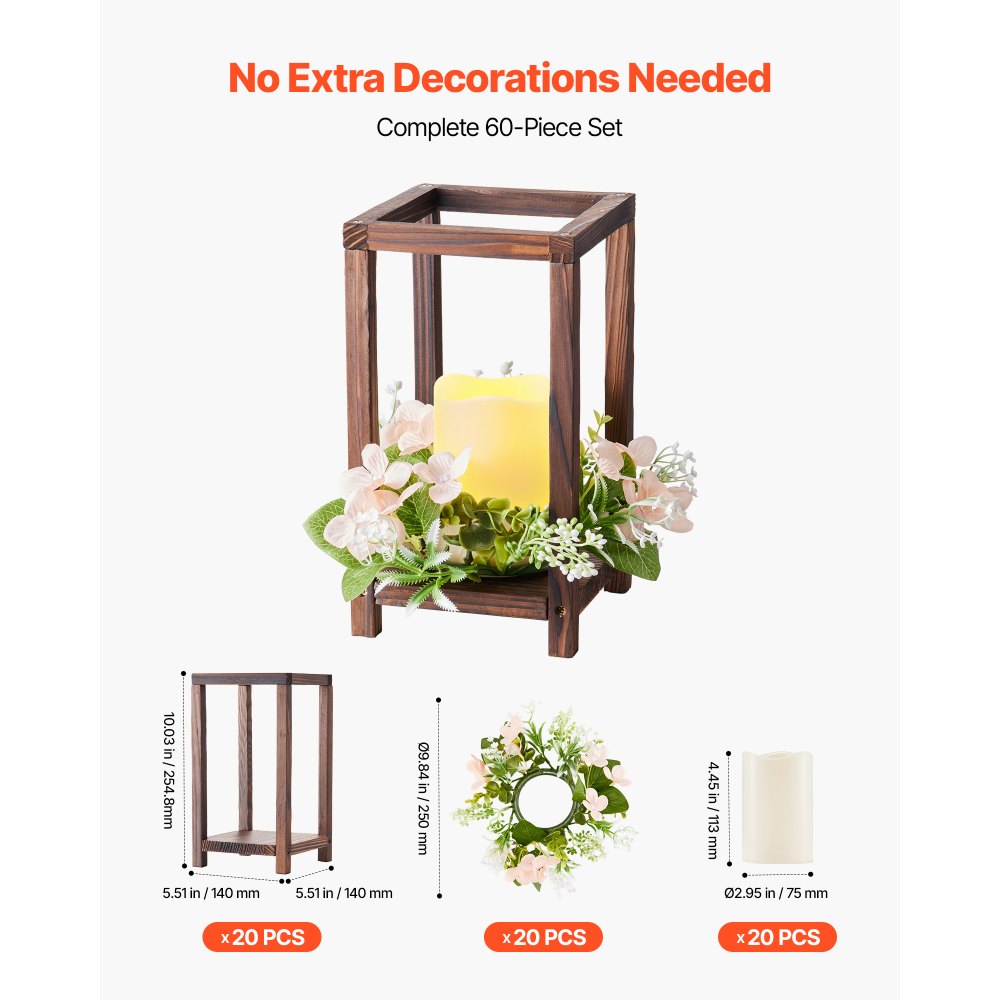VEVOR 20 Set/60 Pcs Wooden Wedding Lantern Centerpiece, Includes 20 Wooden Lantern Candle Holder 20 Flameless LED Candle 20 Champagne Flower Wreath for Wedding Table Party Farmhouse Decor, Brown