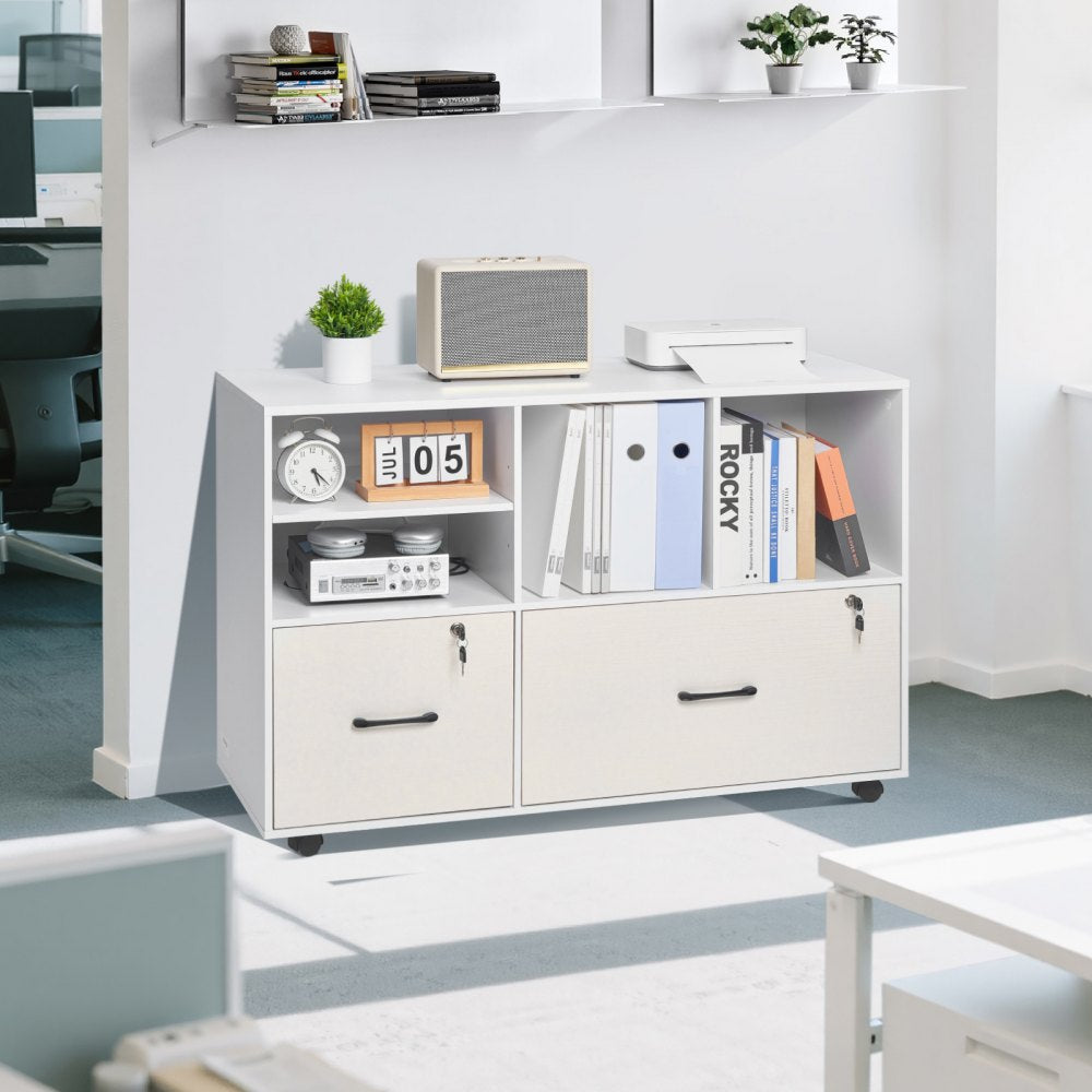 VEVOR 2 Drawer Wooden File Cabinet, Mobile Filing Cabinet with Open Shelves, Lockable Lateral Rolling File Storage with Adjustable Shelves, Free Standing Printer Stand for Home Office School, White