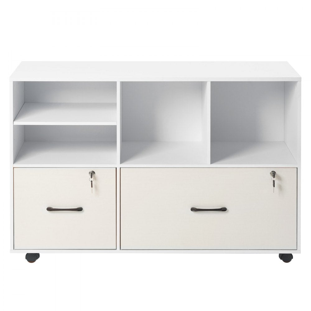 VEVOR 2 Drawer Wooden File Cabinet, Mobile Filing Cabinet with Open Shelves, Lockable Lateral Rolling File Storage with Adjustable Shelves, Free Standing Printer Stand for Home Office School, White