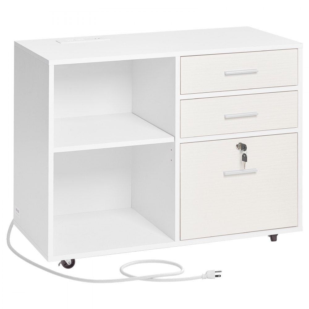 VEVOR 3 Drawer Wooden File Cabinet, Mobile Filing Cabinet with Light Strip, Lockable Rolling File Storage with Adjustable Shelves & 5 Wheels, Free Standing Printer Stand for Home Office School, White