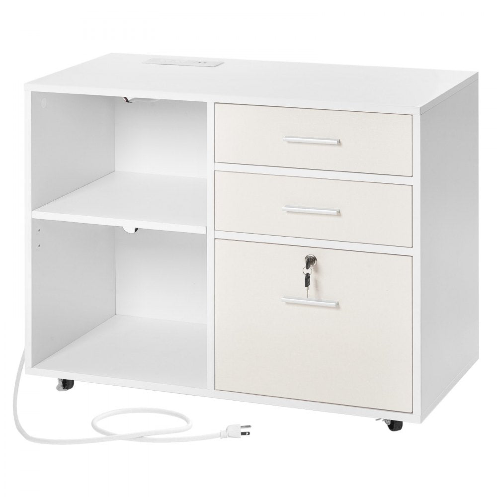 VEVOR 3 Drawer Wooden File Cabinet, Mobile Filing Cabinet with Light Strip, Lockable Rolling File Storage with Adjustable Shelves & 5 Wheels, Free Standing Printer Stand for Home Office School, White