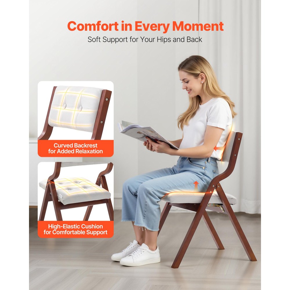 VEVOR Wooden Folding Chairs with Cushion, Set of 2, Portable Foldable Cushion Chair with Wooden Frame, Modern Padded Dining Chair for Kitchen, Office, Wedding, Party, Dining Room, Easy Assembly, White