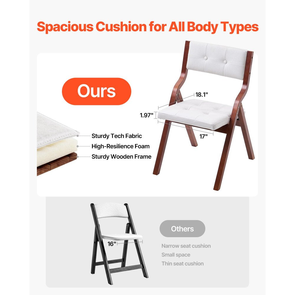 VEVOR Wooden Folding Chairs with Cushion, Set of 2, Portable Foldable Cushion Chair with Wooden Frame, Modern Padded Dining Chair for Kitchen, Office, Wedding, Party, Dining Room, Easy Assembly, White