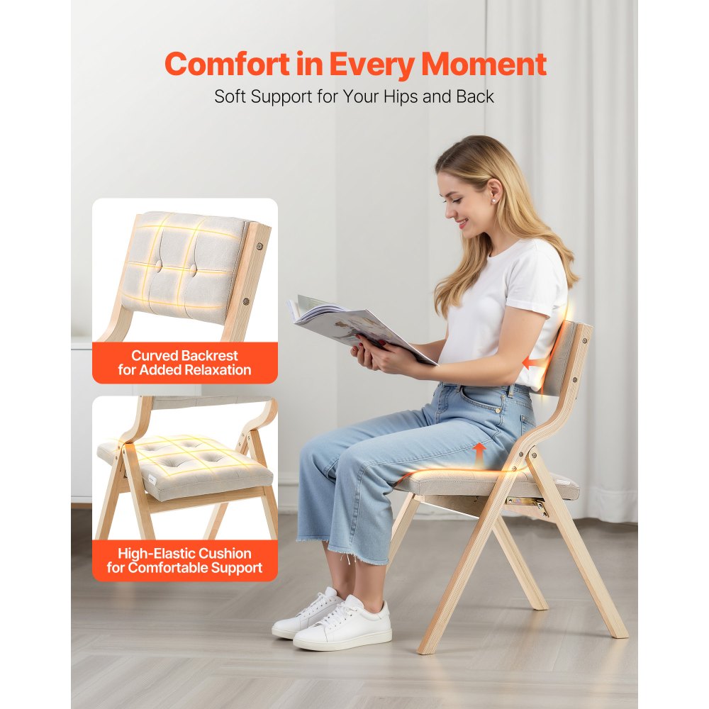 VEVOR Wooden Folding Chairs with Cushion, Set of 2, Portable Foldable Cushion Chair with Wooden Frame, Modern Padded Dining Chair for Kitchen, Office, Wedding, Party, Dining Room, Easy Assembly, Beige