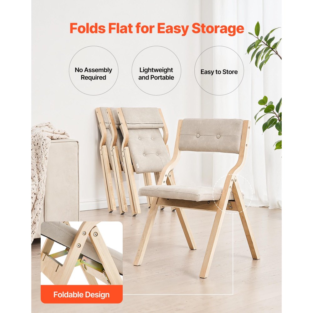 VEVOR Wooden Folding Chairs with Cushion, Set of 2, Portable Foldable Cushion Chair with Wooden Frame, Modern Padded Dining Chair for Kitchen, Office, Wedding, Party, Dining Room, Easy Assembly, Beige