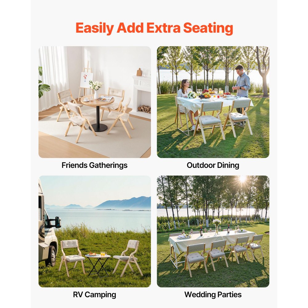 VEVOR Wooden Folding Chairs with Cushion, Set of 2, Portable Foldable Cushion Chair with Wooden Frame, Modern Padded Dining Chair for Kitchen, Office, Wedding, Party, Dining Room, Easy Assembly, Beige