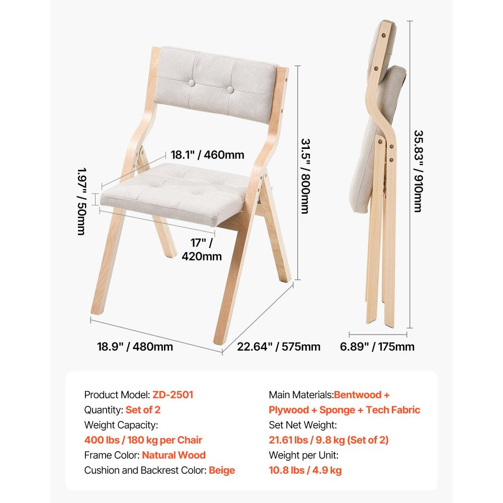 VEVOR Wooden Folding Chairs with Cushion, Set of 2, Portable Foldable Cushion Chair with Wooden Frame, Modern Padded Dining Chair for Kitchen, Office, Wedding, Party, Dining Room, Easy Assembly, Beige