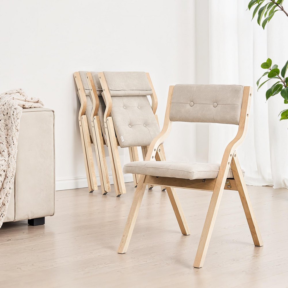 VEVOR Wooden Folding Chairs with Cushion, Set of 2, Portable Foldable Cushion Chair with Wooden Frame, Modern Padded Dining Chair for Kitchen, Office, Wedding, Party, Dining Room, Easy Assembly, Beige