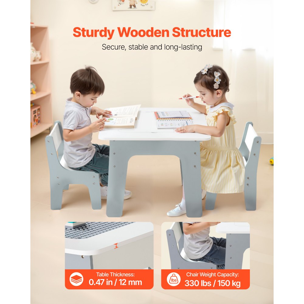 VEVOR 4 in 1 Kid Activity Table and 2 Chairs Set, Graffiti & Building Blocks Double-Sided Tabletop, Toddler Play Table with Storage for Kids 3+ Years, Large Storage Space, Gift for Boys & Girls, White