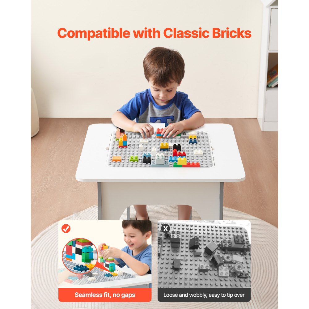 VEVOR 4 in 1 Kid Activity Table and 2 Chairs Set, Graffiti & Building Blocks Double-Sided Tabletop, Toddler Play Table with Storage for Kids 3+ Years, Large Storage Space, Gift for Boys & Girls, White