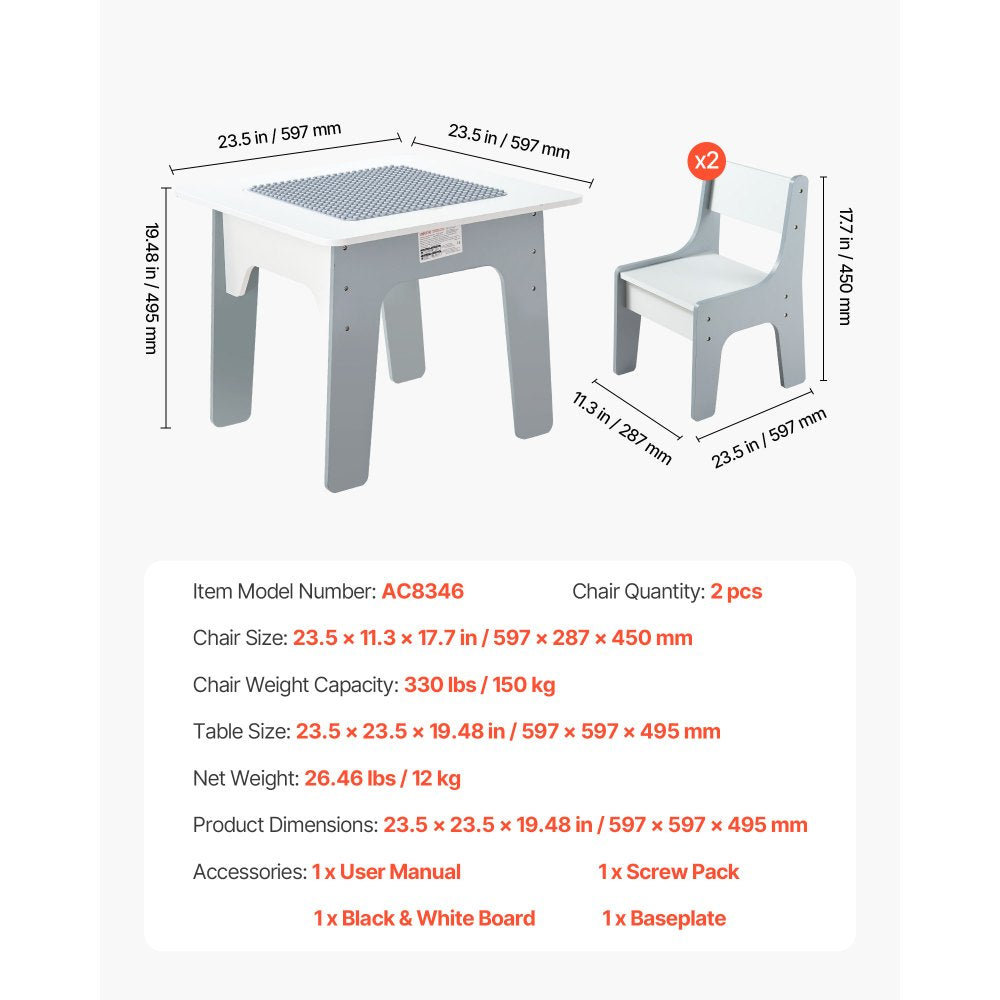 VEVOR 4 in 1 Kid Activity Table and 2 Chairs Set, Graffiti & Building Blocks Double-Sided Tabletop, Toddler Play Table with Storage for Kids 3+ Years, Large Storage Space, Gift for Boys & Girls, White