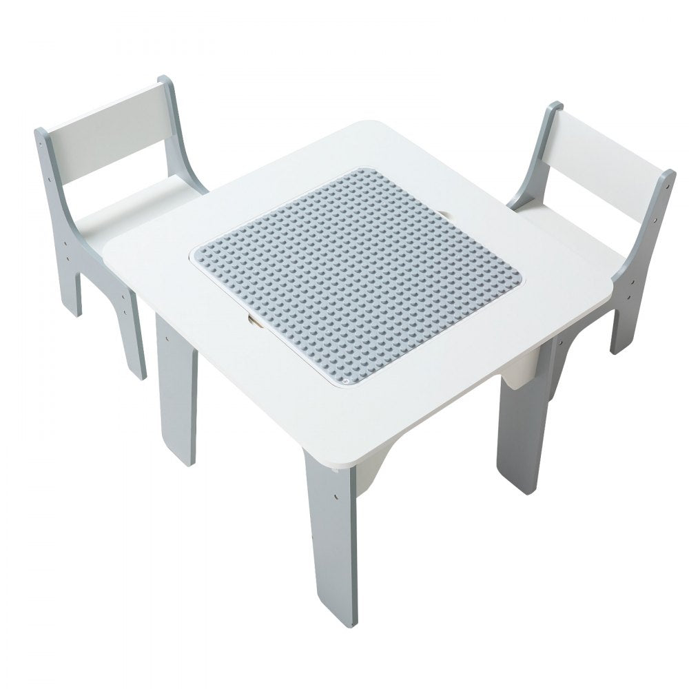 VEVOR 4 in 1 Kid Activity Table and 2 Chairs Set, Graffiti & Building Blocks Double-Sided Tabletop, Toddler Play Table with Storage for Kids 3+ Years, Large Storage Space, Gift for Boys & Girls, White