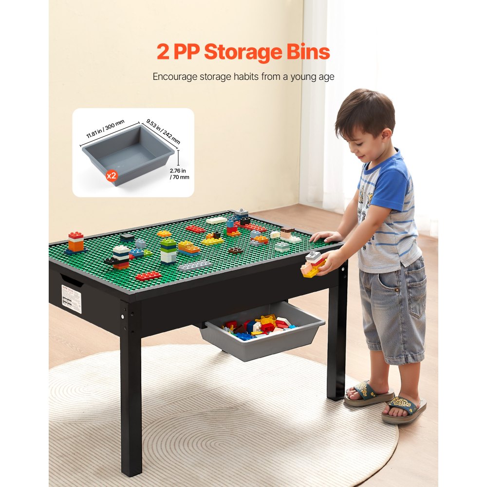 VEVOR Kids Wooden Activity Table, Building Blocks Double-Sided Tabletop, Multi-Purpose Activity Play Table with 2 Storage Bins for Kids 3+ Years, Large Storage Space, Present for Boys & Girls, Black