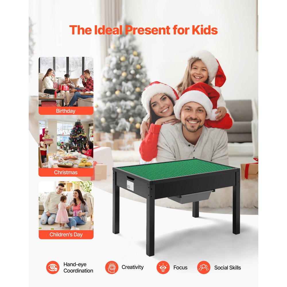 VEVOR Kids Wooden Activity Table, Building Blocks Double-Sided Tabletop, Multi-Purpose Activity Play Table with 2 Storage Bins for Kids 3+ Years, Large Storage Space, Present for Boys & Girls, Black