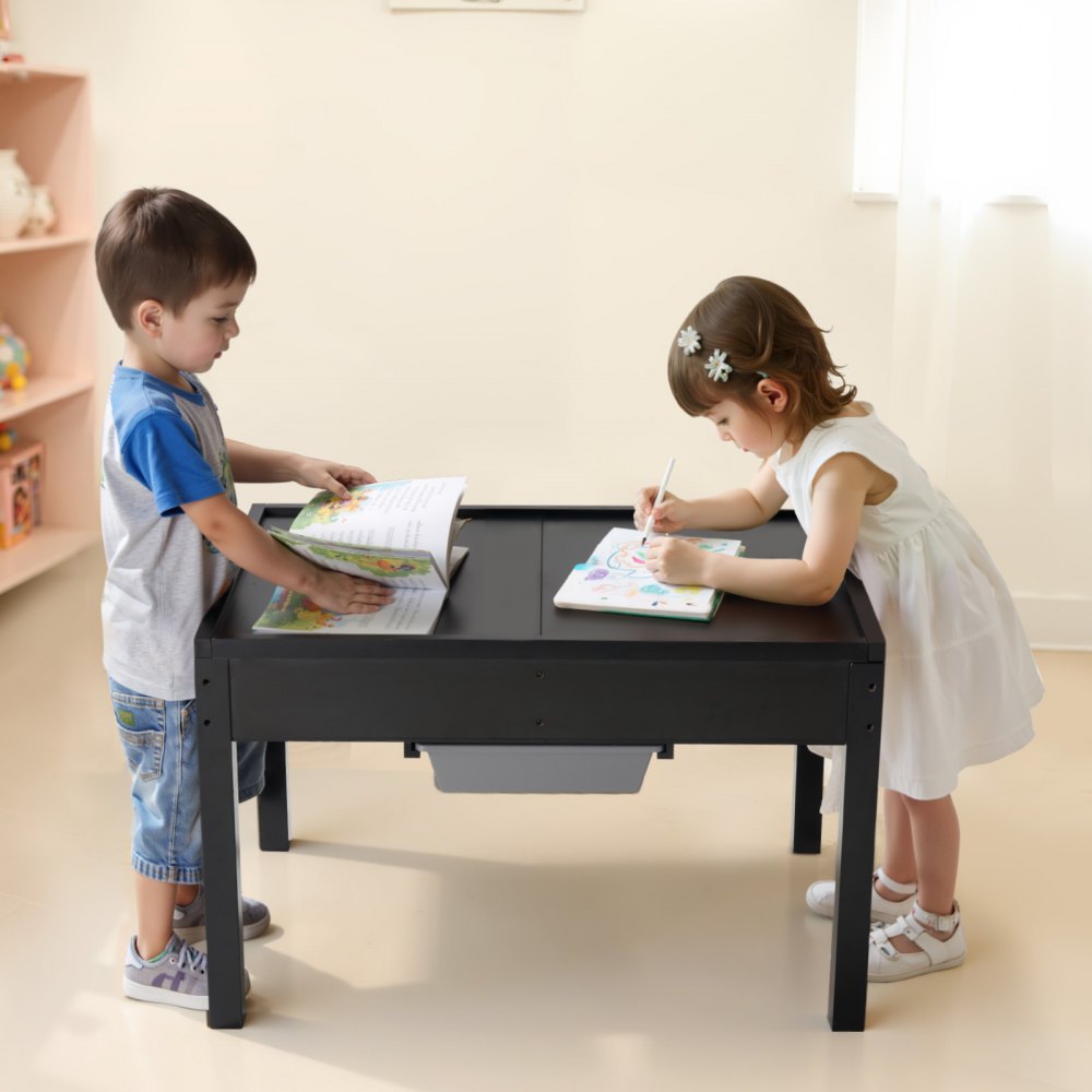 VEVOR Kids Wooden Activity Table, Building Blocks Double-Sided Tabletop, Multi-Purpose Activity Play Table with 2 Storage Bins for Kids 3+ Years, Large Storage Space, Present for Boys & Girls, Black