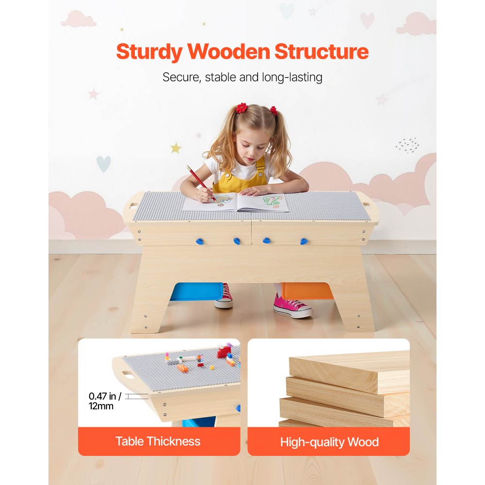 VEVOR Kids Reversible Wooden Activity Table, Multi-Purpose Activity Play Table with 200 Building Bricks & 3 Storage Bins for Kids 3+ Years, Large Storage Space, Present for Boys & Girls, Natural