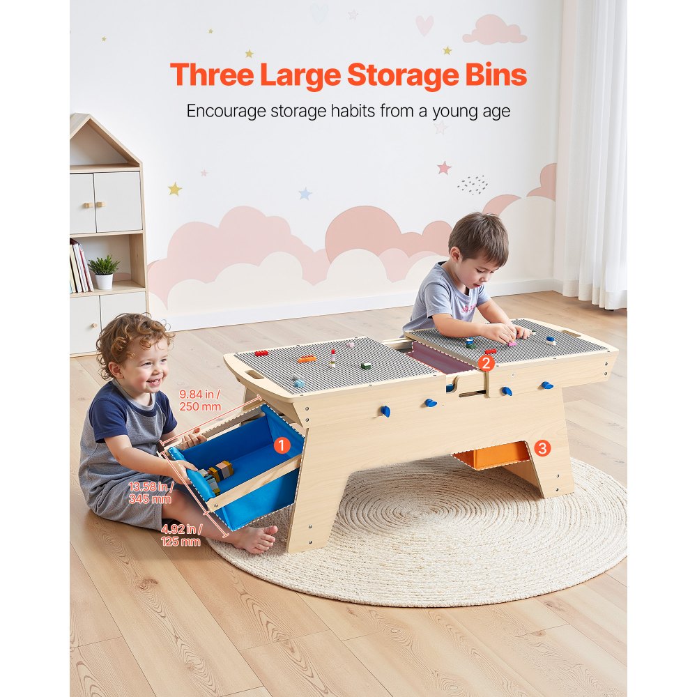 VEVOR Kids Reversible Wooden Activity Table, Multi-Purpose Activity Play Table with 200 Building Bricks & 3 Storage Bins for Kids 3+ Years, Large Storage Space, Present for Boys & Girls, Natural