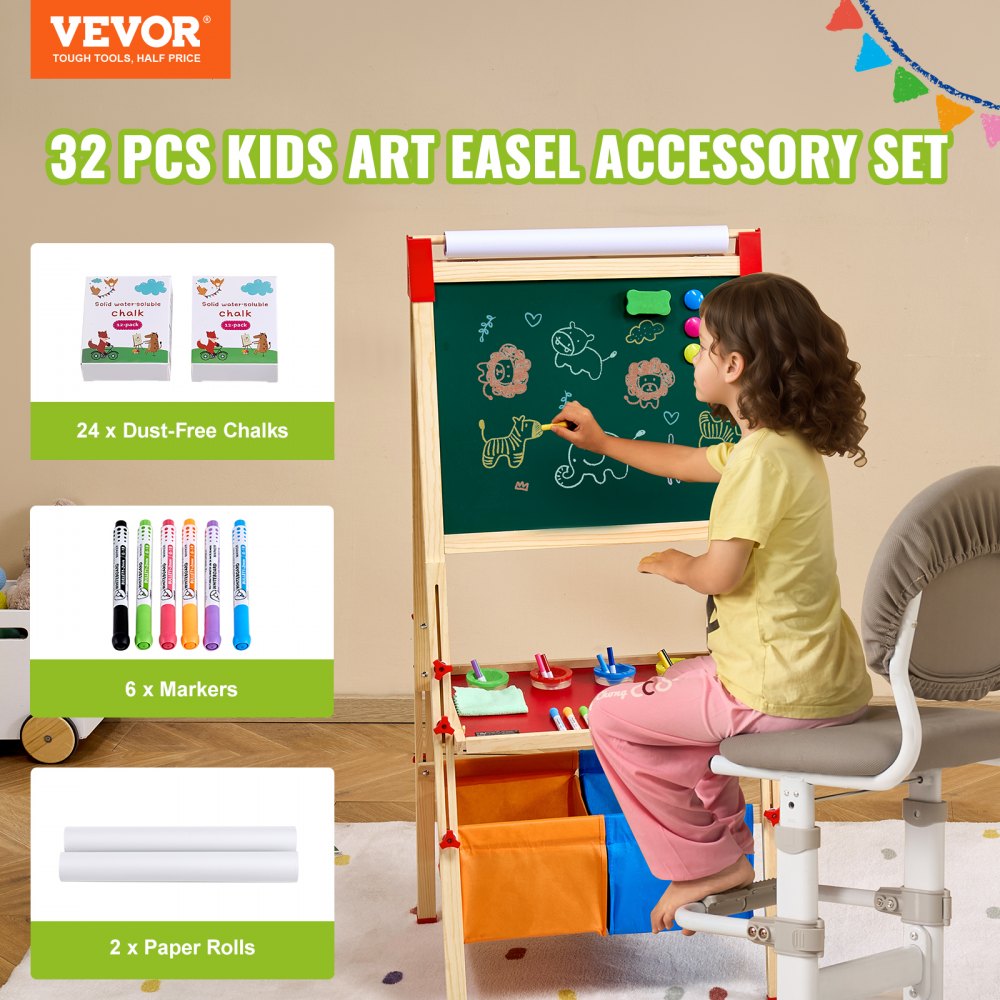 VEVOR Easel Accessory Set, 32 PCS Kid's Art Easel Painting Kit Including Chalks, Dry-Erase Markers & Paper Rolls, Supplies Set for Standing Art Easel, Painting Accessories for Toddlers Boys and Girls